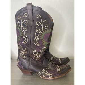 Tony Lama Western Boots Dark Brown‎ Peacock Feather Embroidered Womens Sz 8/8.5
